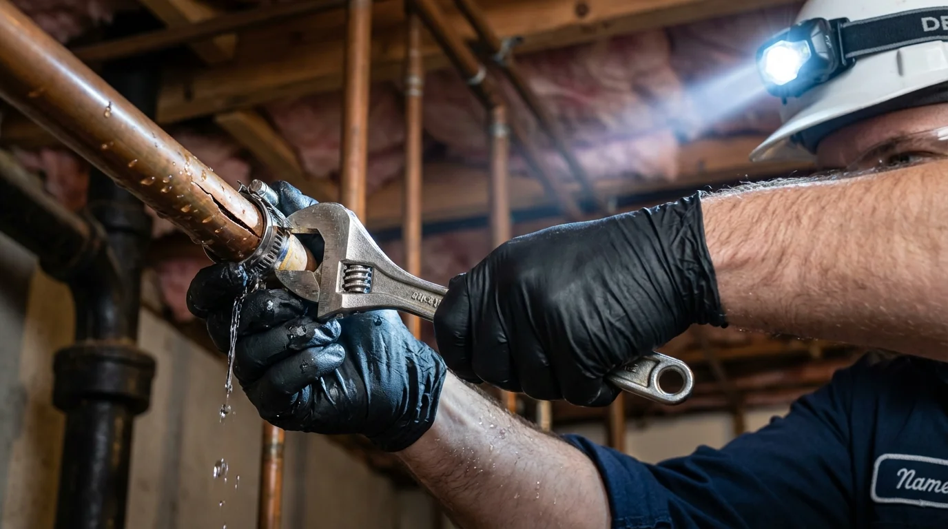 Emergency pipe clamp repair being performed by a Johns Plumbing LLC plumber in Nevada