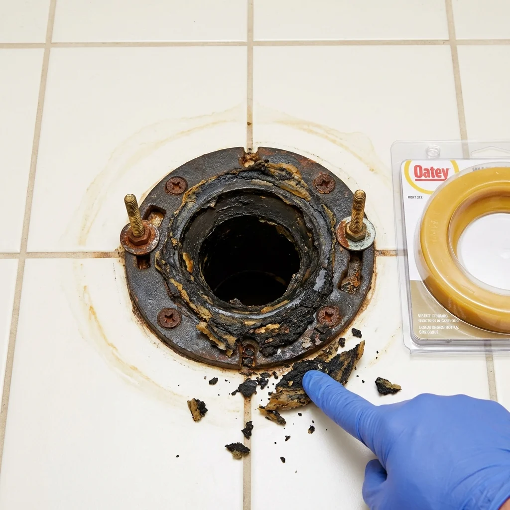 Failed wax ring showing water seepage at the base of a toilet in a Nevada, TX home