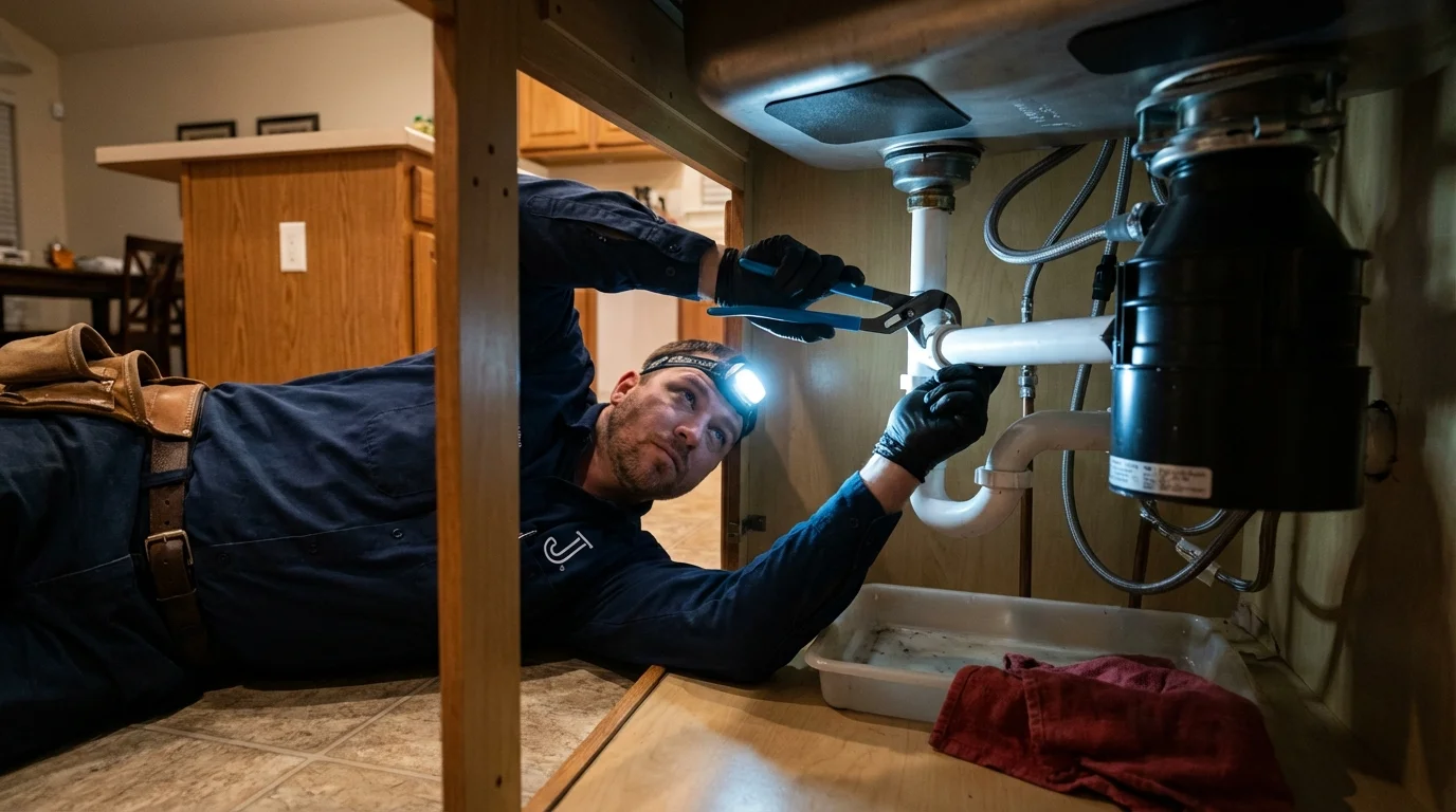 P-trap and supply line connections under a kitchen sink showing a common leak point in Nevada, TX